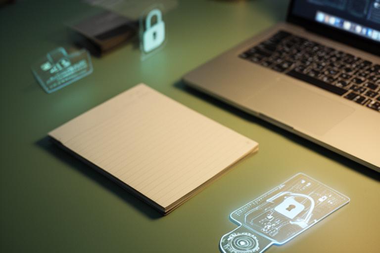 Pracovný stôl s notebookom, zámkom a kartou na kontrolu prístupu