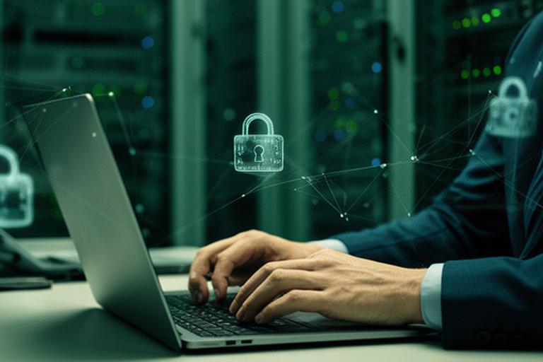 Zamestnanec pri monitoroch so zobrazeným šifrovaním v tichej serverovni