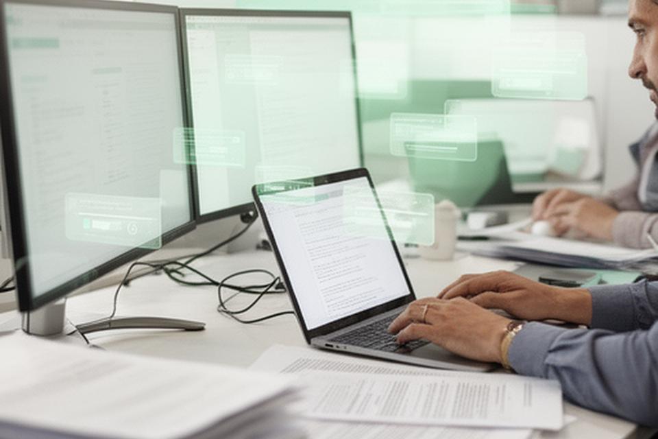 Moderné kancelárske prostredie s notebookmi, monitormi a digitálnymi dokumentmi